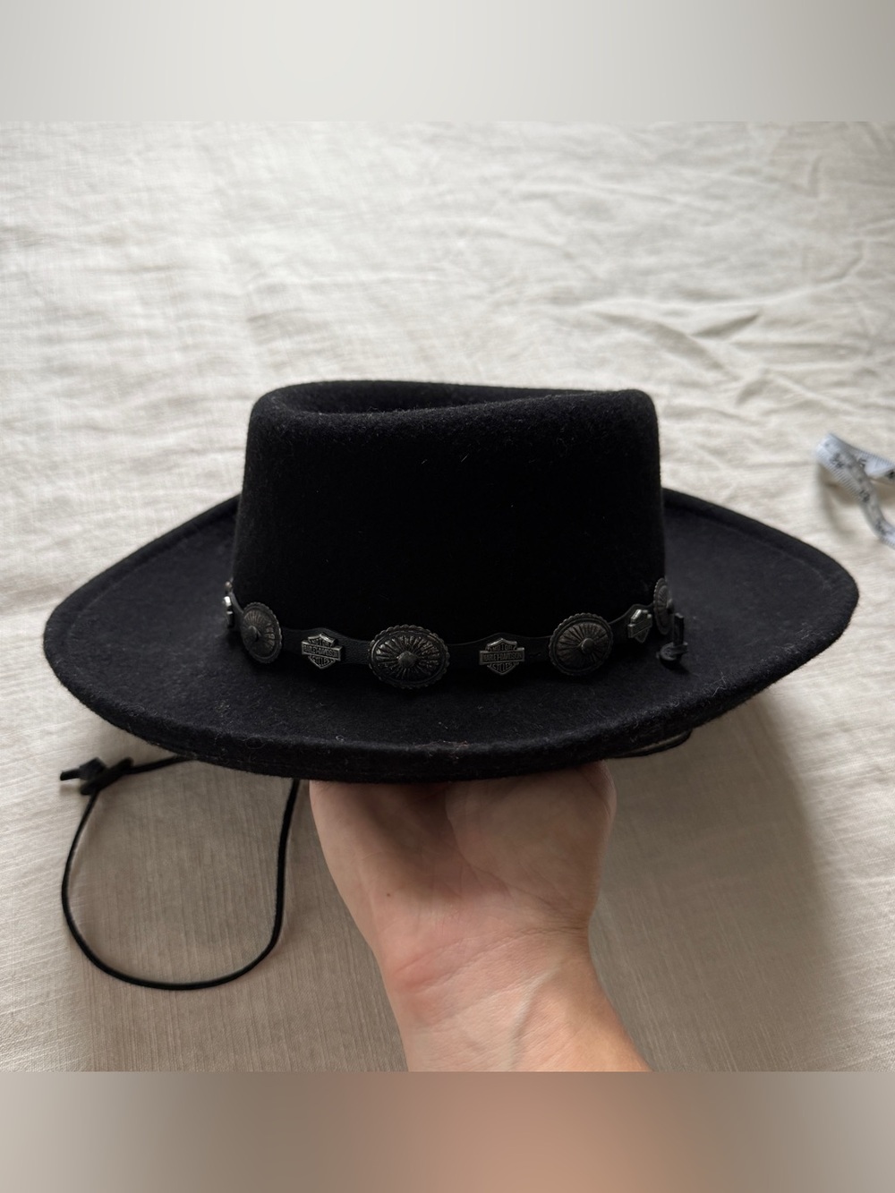 Vintage Harley Davidson Black Wool Western Cowboy Hat Concho Band Size L USA